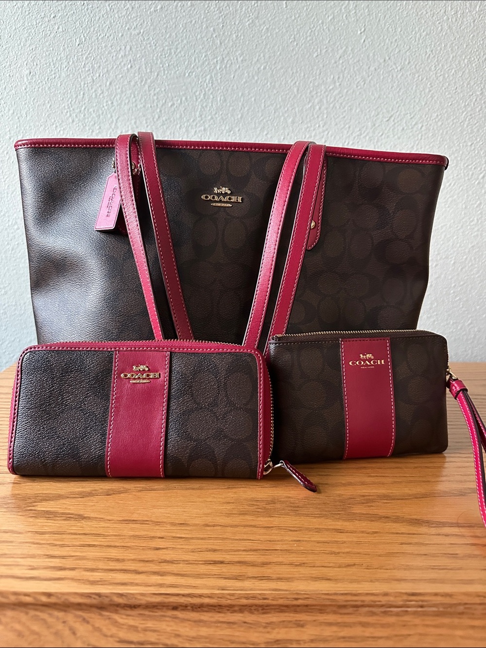 Coach Brown Signature Canvas Tote with Raspberry Trim - 3-Piece Set